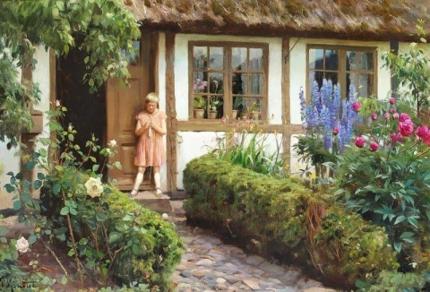 A Little Girl In A Pink Dress On A Stepping Stone By A Farmhouse
