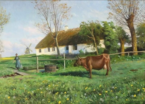 Maitotyttö matkalla lypsämään lehmää 1925