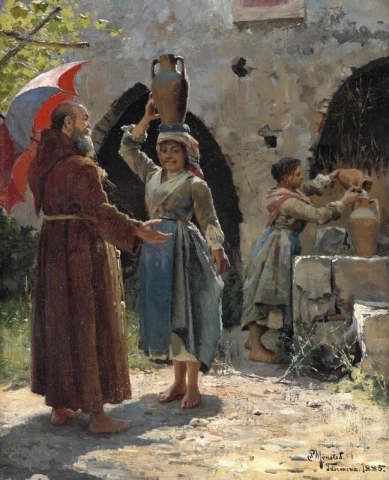 Ein Mönch begrüßt ein Mädchen mit einem Glas Wasser Taormina 1885