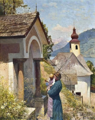 Eine Mutter und ein Kind bei einer Kapelle Kitzbühel 1917