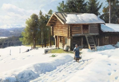Uma paisagem invernal norueguesa com uma mulher perto de uma cabana de madeira, 1934