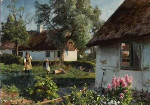 Talonpojan nainen ja pieni tyttö työskentelevät puutarhassa 1923