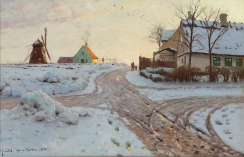 村庄附近有一座磨坊的冰雪覆盖的风景 Kirke V Rlose 1918