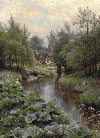 A Spring Day By A Stream. In The Foreground Dock Leaves And Ducks With Ducklings. In The Background A Watermill 1911