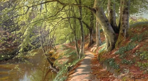 Een lentedag in het bos met een pad dat zich een weg baant langs een beek, 1895
