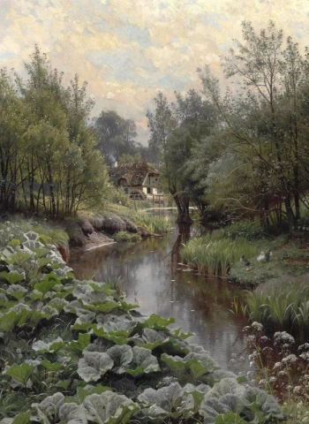 Весенний день в лесу у ручья. на переднем плане листья щавеля и утки с утятами. На заднем плане водяная мельница 1911
