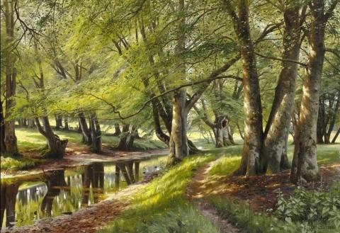 En sommardag i skogen med rådjur i bakgrunden 1908