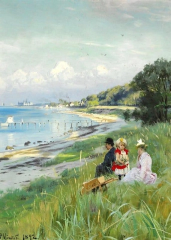 クロンボーを背景にヘレブ K のビーチでの夏の日 1892