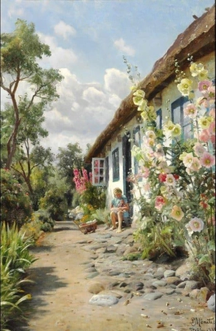 A Summer Day With Hollyhocks In Front Of The Farm House 1935