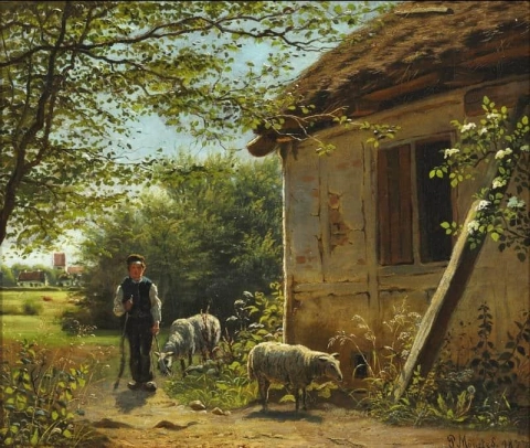 Ein Reetdachhaus mit einem Jungen und zwei Schafen davor, 1877