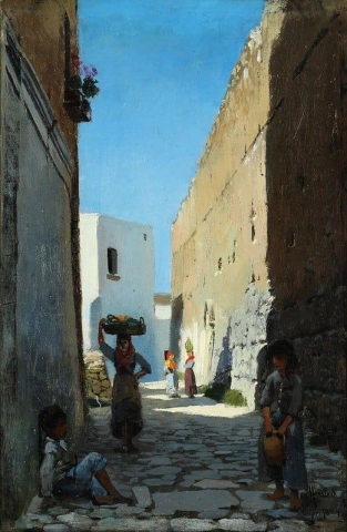 Una vista su una strada stretta a Capri all'ombra di un caldo sole 1884