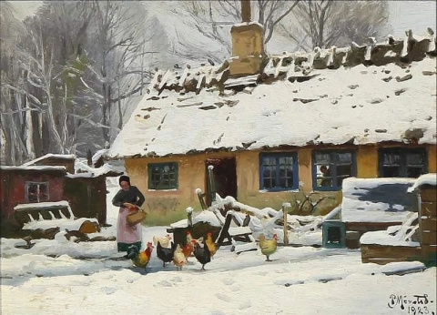 Ein Wintertag in Brondbyvester. Eine Frau füttert die Hühner 1923