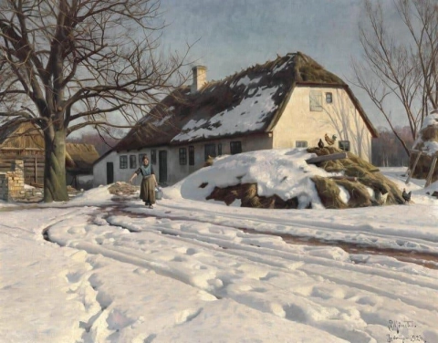 Ein Wintertag vor einem alten Bauernhaus in Jyderup 1924