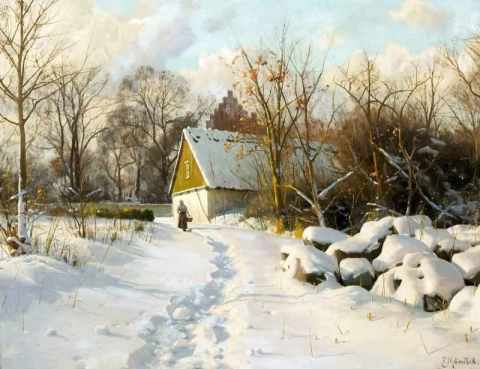 Un paisaje invernal con la iglesia y la mujer 1920
