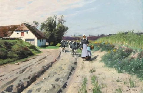 1922 年の夏の日、牛を駆る女性