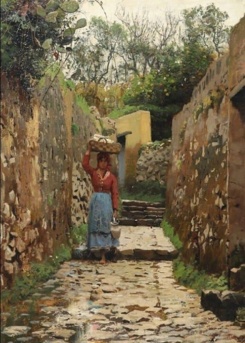Eine Frau in einer engen Straße 1883