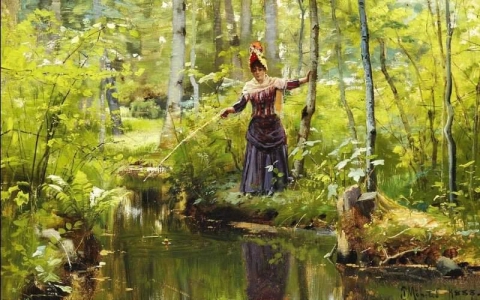 En kvinne fisker i en bekk på en sommerdag i skogen 1888