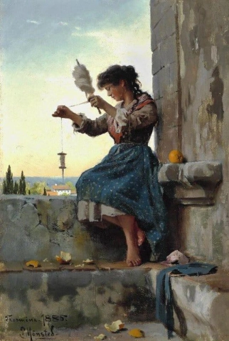 一位年轻的意大利妇女正在陶尔米纳的阳台上纺羊毛，1885 年