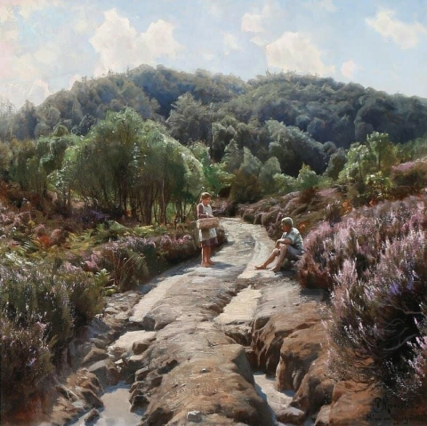 A Young Woman Chatting To A Young Man On A Sunlit Path 1927
