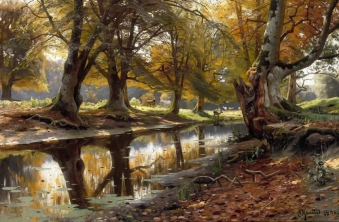 鹿公園の小川で鹿が草を食む秋の日 1906 年