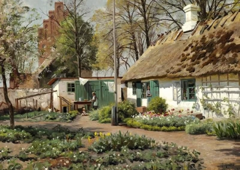 Um dia de primavera em uma fazenda com telhado de palha na vila Kirke V Rlose 1917