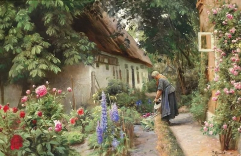 An Old Woman Watering The Flowers Behind A Thatched Farmhouse 1928
