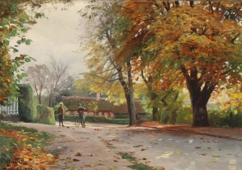 Autumn View From A Village With Two Boys Talking On The Street 1931