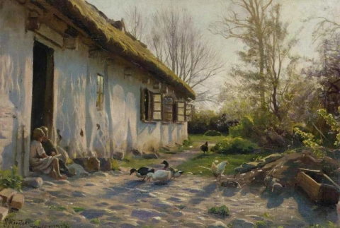 Children Feeding Ducks At Sunrise 1919