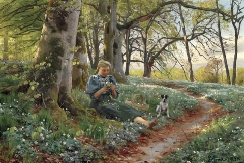 أوائل الربيع في الغابة. فتاة تجلس في أرضية الغابة ومعها باقة من شقائق النعمان 1898