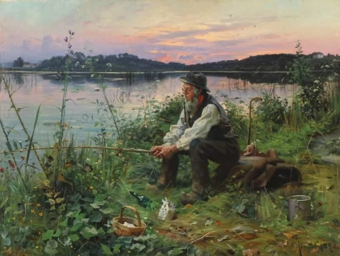Kveldsutsikt over innsjøen med en gammel mann som fisker 1890