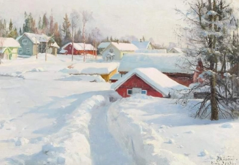 エイナの屋根に沈む夕日。ノルウェー。新雪の冬