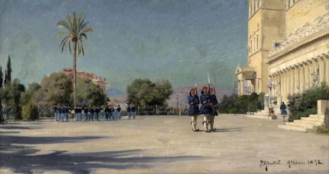 Evzonoi y una banda en la explanada sur del Palacio Real 1892