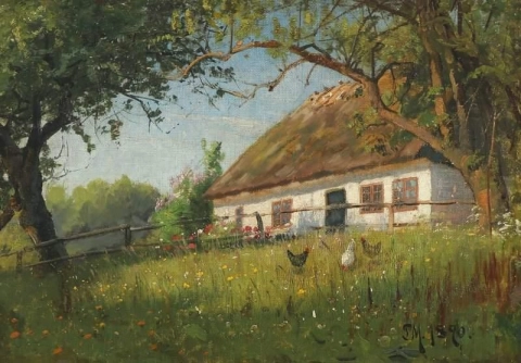 Gårdsgård eksteriør med kylling 1890