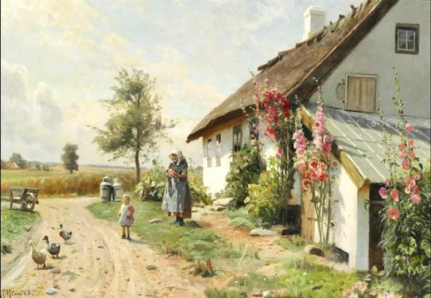 Flowering Hollyhocks In Front Of A Farmhouse