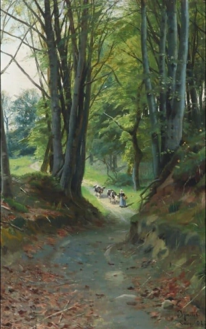 女性と牛がいる森の風景 1922