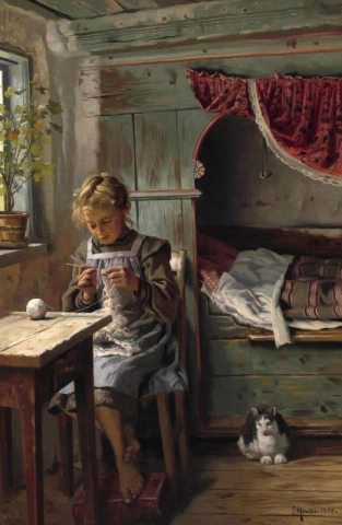 农家内部，一名小女孩在窗边钩编，1905 年