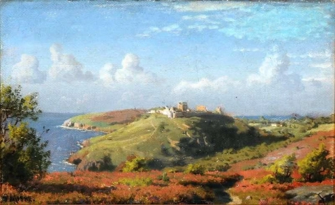 Landschaft aus Bornholm, Dänemark, mit den Ruinen von Hammershus im Hintergrund, 1882