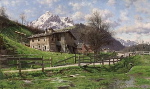 Landschap met boerderij in Werfen, Oostenrijk 1899