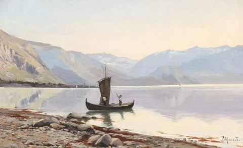 Vista al lago montañoso con un barco pesquero cerca de la orilla