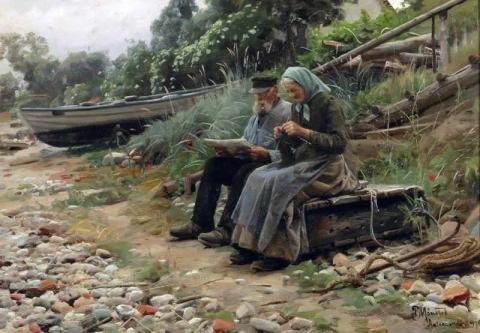 Altes Bauernpaar sitzt am Ufer, 1919