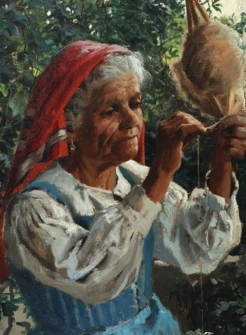 Porträtt från söder med en kvinna som spinner ull 1885