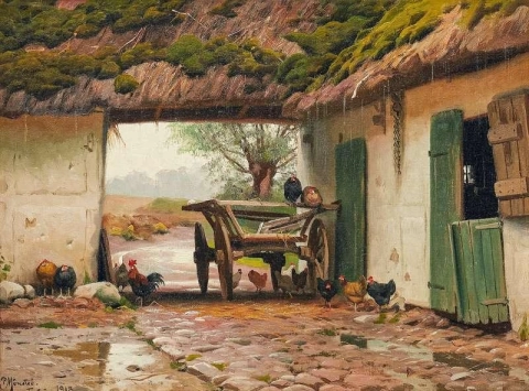 蒂斯特鲁普 (Tystrup) 农舍里躲避雨的家禽 1918