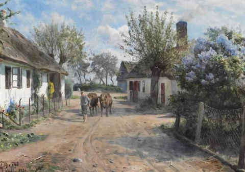 Giornata di primavera a Lundby. Un pastorello conduce due mucche attraverso il villaggio