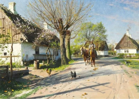 Vallensb K 的春日，人们骑着马穿过村庄