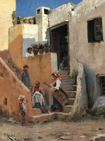 Уличная сцена Капри с женщинами и детьми на лестнице 1884 г.