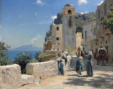 Straßenansicht von Capri mit der Bucht von Neapel und einem rauchenden Vesuv in der Ferne, 1885