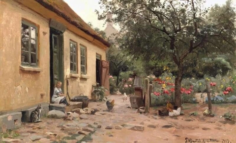Sommertag hinter einem Bauernhaus. Ein kleines Mädchen sitzt auf den Stufen 1917