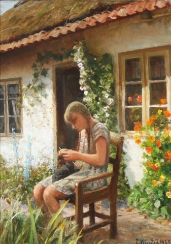 Summer Day With A Young Girl Knitting In Front Of A Thatched Cottage 1939