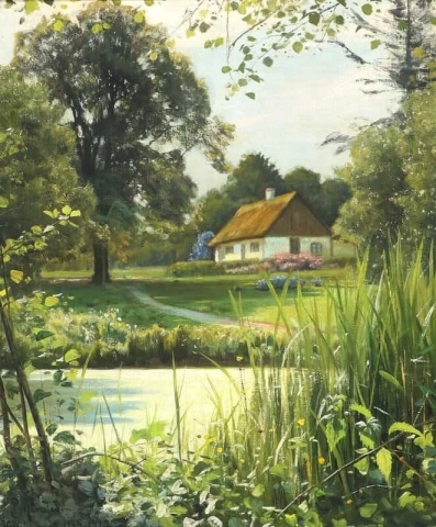 小川の茅葺き家のある夏の風景 1922