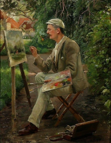 Kunstneren som sitter ved staffeli i en hagesti 1895